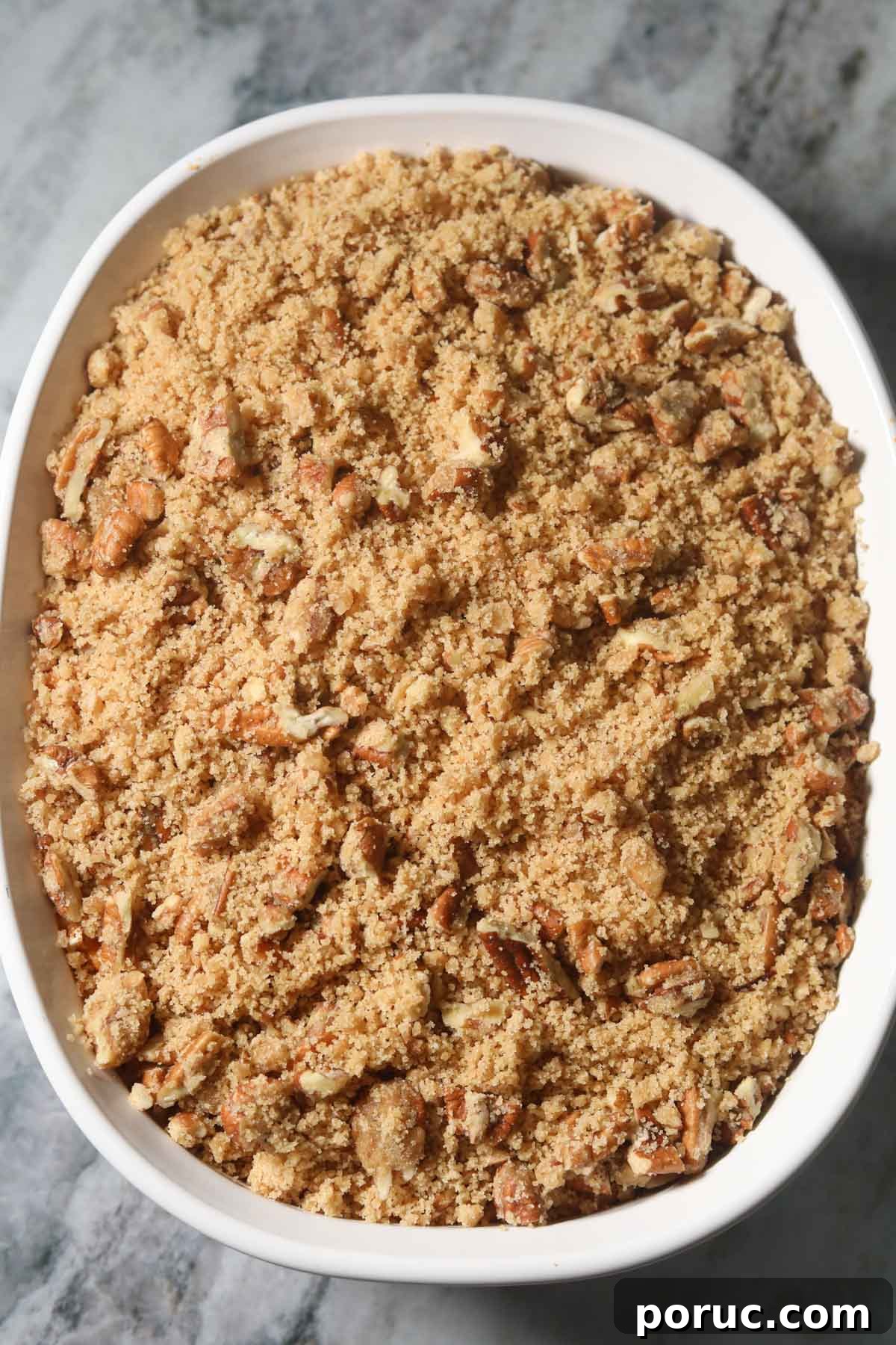 Southern Sweet Potato Casserole with Pecan Crumble Recipe 7 Assembled sweet potato casserole before going into the oven.