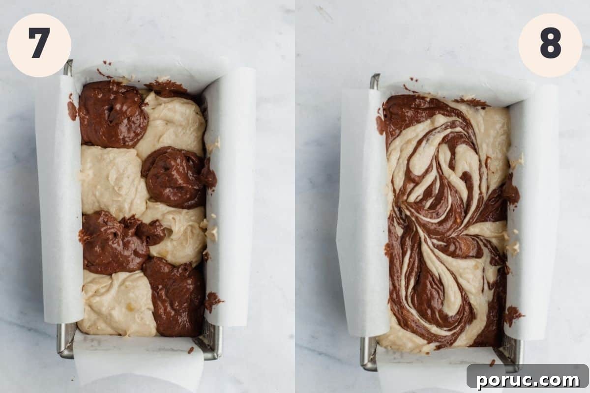 Chocolate Tahini Swirl Banana Bread with Sour Cream Swirl 5 a loaf pan with chocolate and tahini batter, then swirled together.