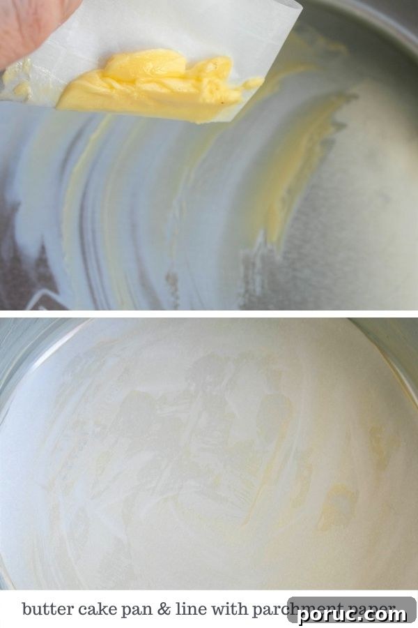 Keto Chocolate Torte Recipe: Rich Low-Carb Chocolate Cake 3 2 part image buttering cake pan and lining with parchment paper