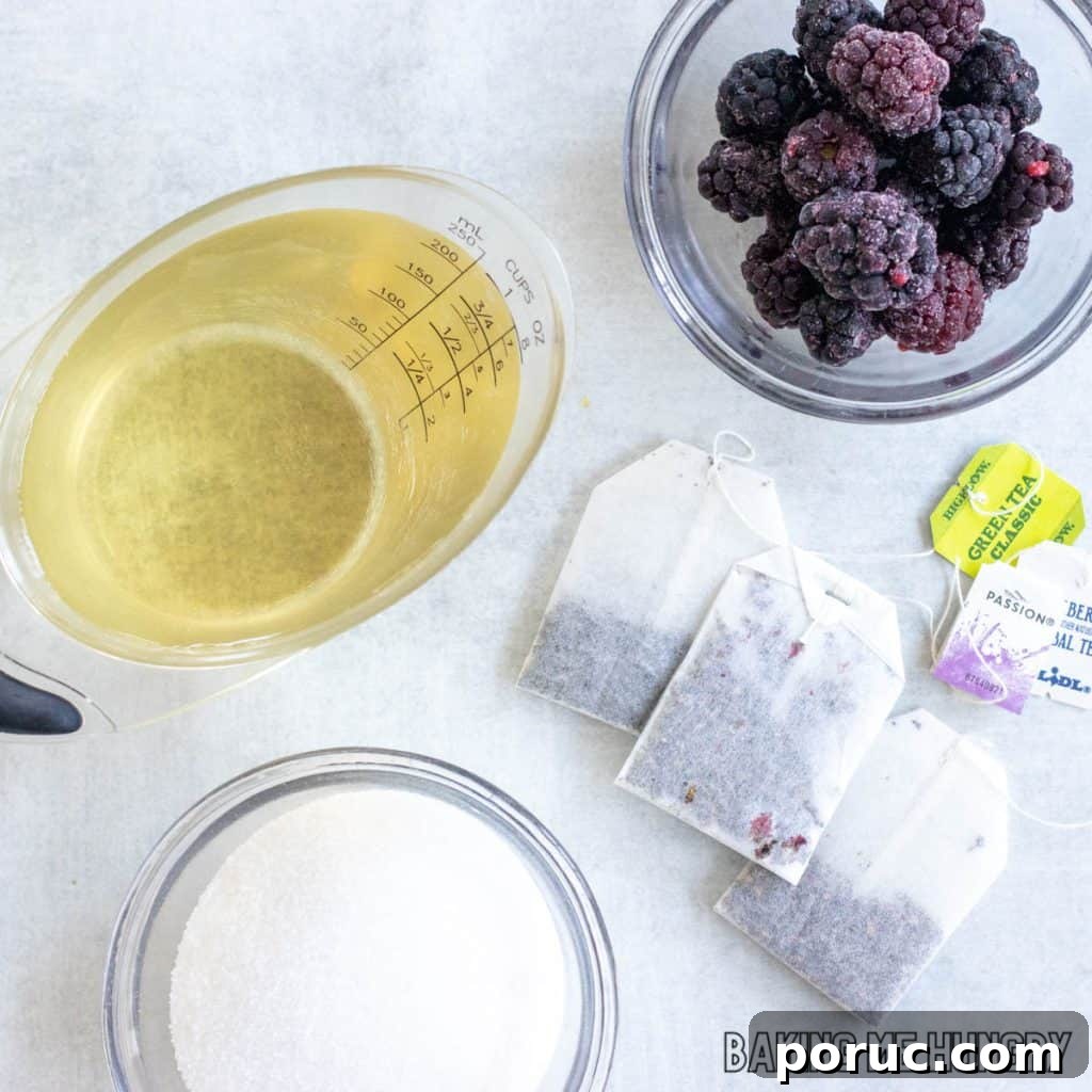 Starbucks-Style Hibiscus Refresher Recipe — How to Make It at Home 4 ingredients in small bowls next to three types of teas