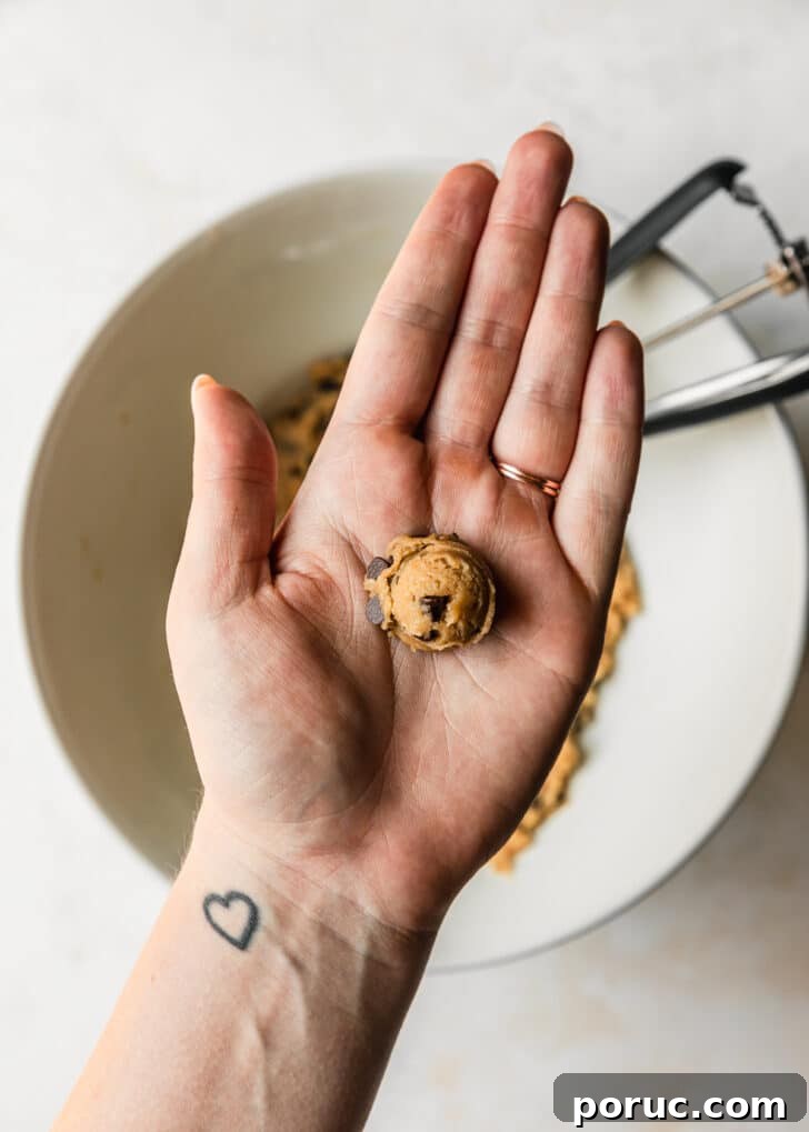 Chewy Mini Chocolate Chip Cookie Recipe for Perfect Bites 17 A hand holding raw mini chocolate chip cookies.