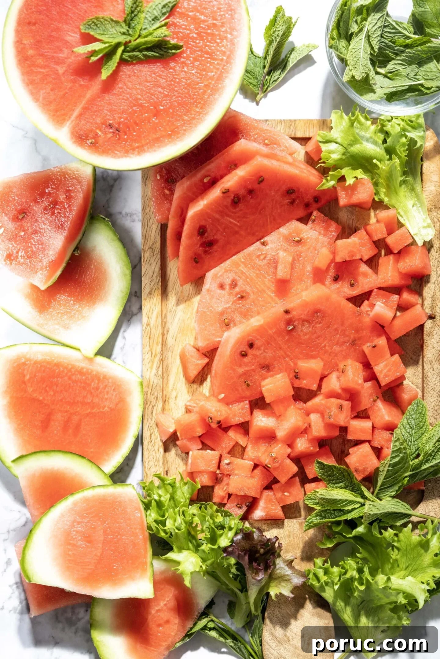 Chopped watermelon and cucumber