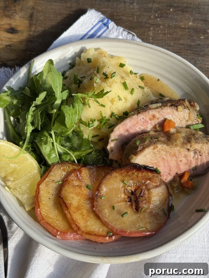 a photo of a plated serving of roast pork loin apples and potato parsnip puree