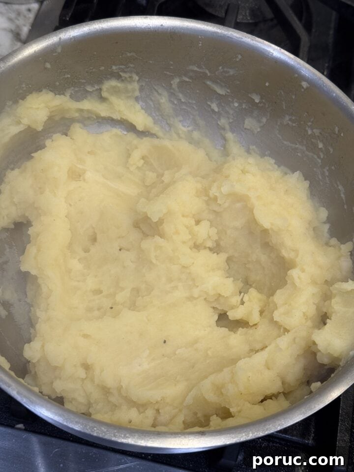 Creamy mashed potatoes in a silver pot for comfort food recipes.