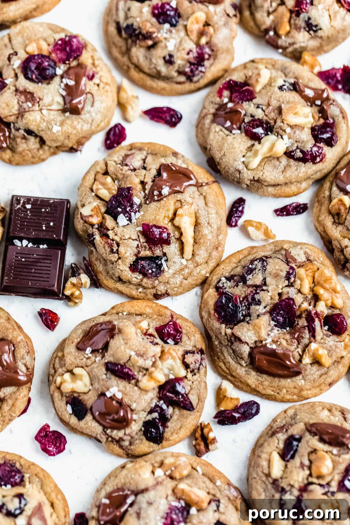 top view of dark chocolate cranberry and walnut cookies