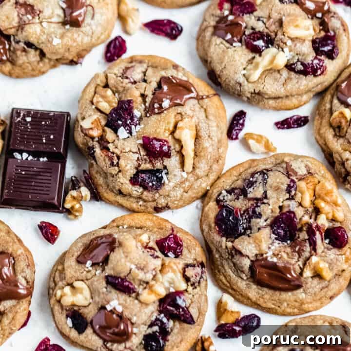 top view of dark chocolate cranberry and walnut cookies