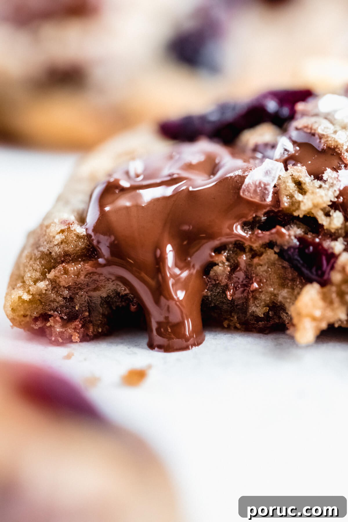 close up of halved cookie with melted dark chocolate