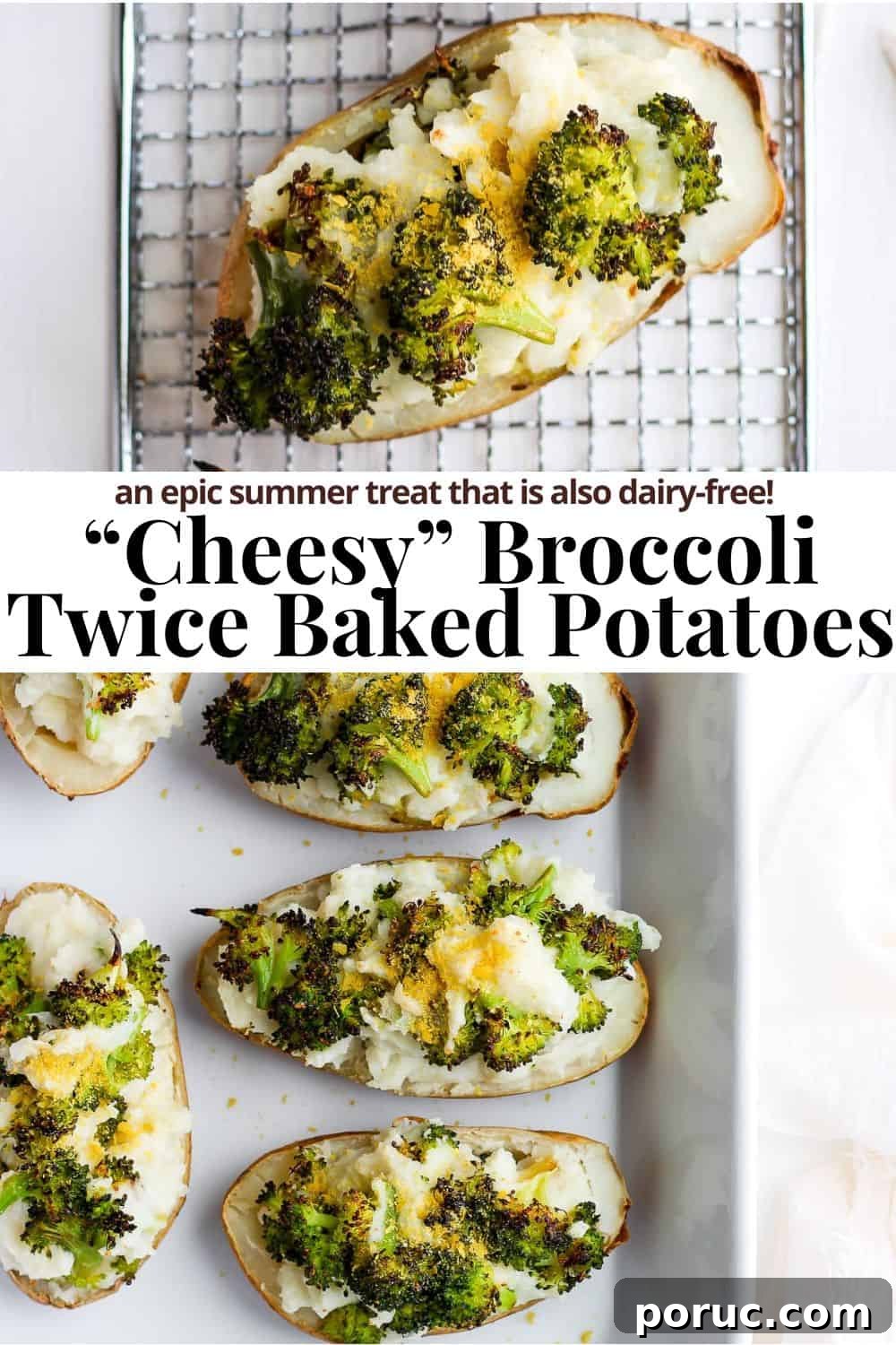 Pinterest image for "cheesy" broccoli twice baked potatoes.
