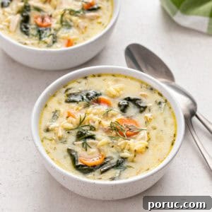 Lemony Chicken and Orzo Soup Recipe for Cozy Meals 12 White bowl filled with lemon chicken orzo soup on a countertop.