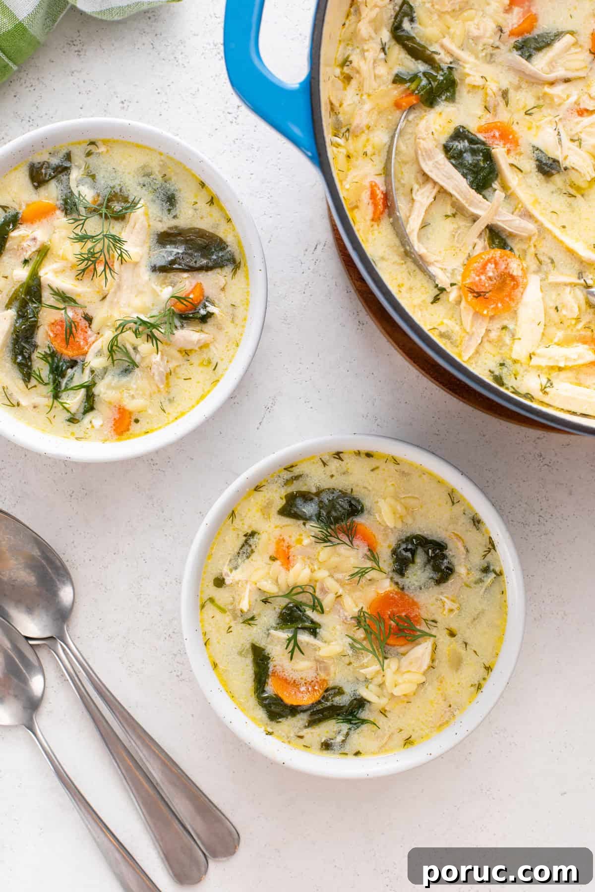 Lemony Chicken and Orzo Soup Recipe for Cozy Meals 4 Overhead view of two bowls filled with lemon chicken orzo soup next to a pot of the soup.