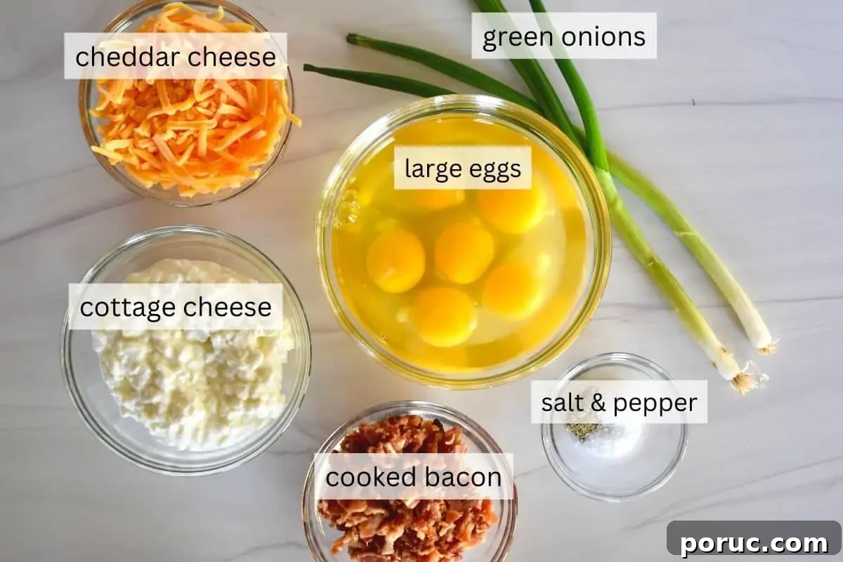 Crustless Cottage Cheese Quiche Recipe: Light Protein-Packed Bake 4 Ingredients including eggs, bacon, and seasonings.