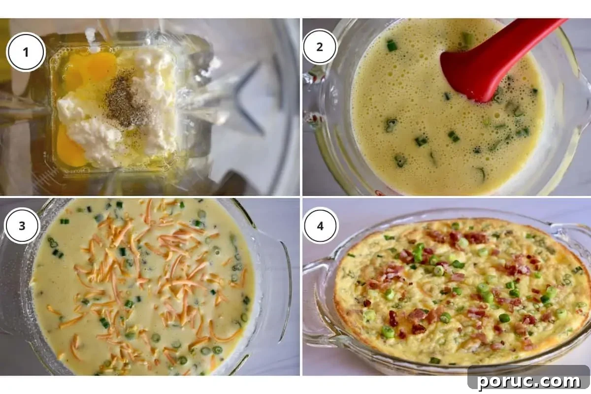 Crustless Cottage Cheese Quiche Recipe: Light Protein-Packed Bake 5 Process shots showing how to make recipe including mixing the ingredients in a blender and pouring into a pie dish.