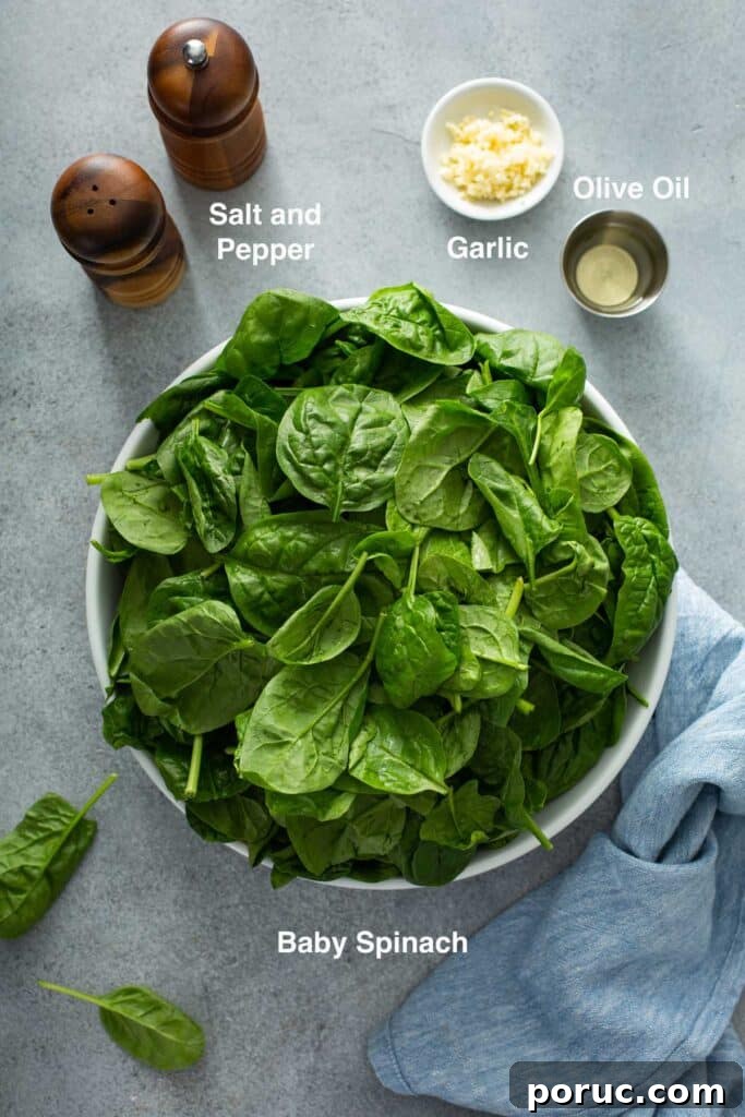 Ingredients to make sautéed spinach with garlic