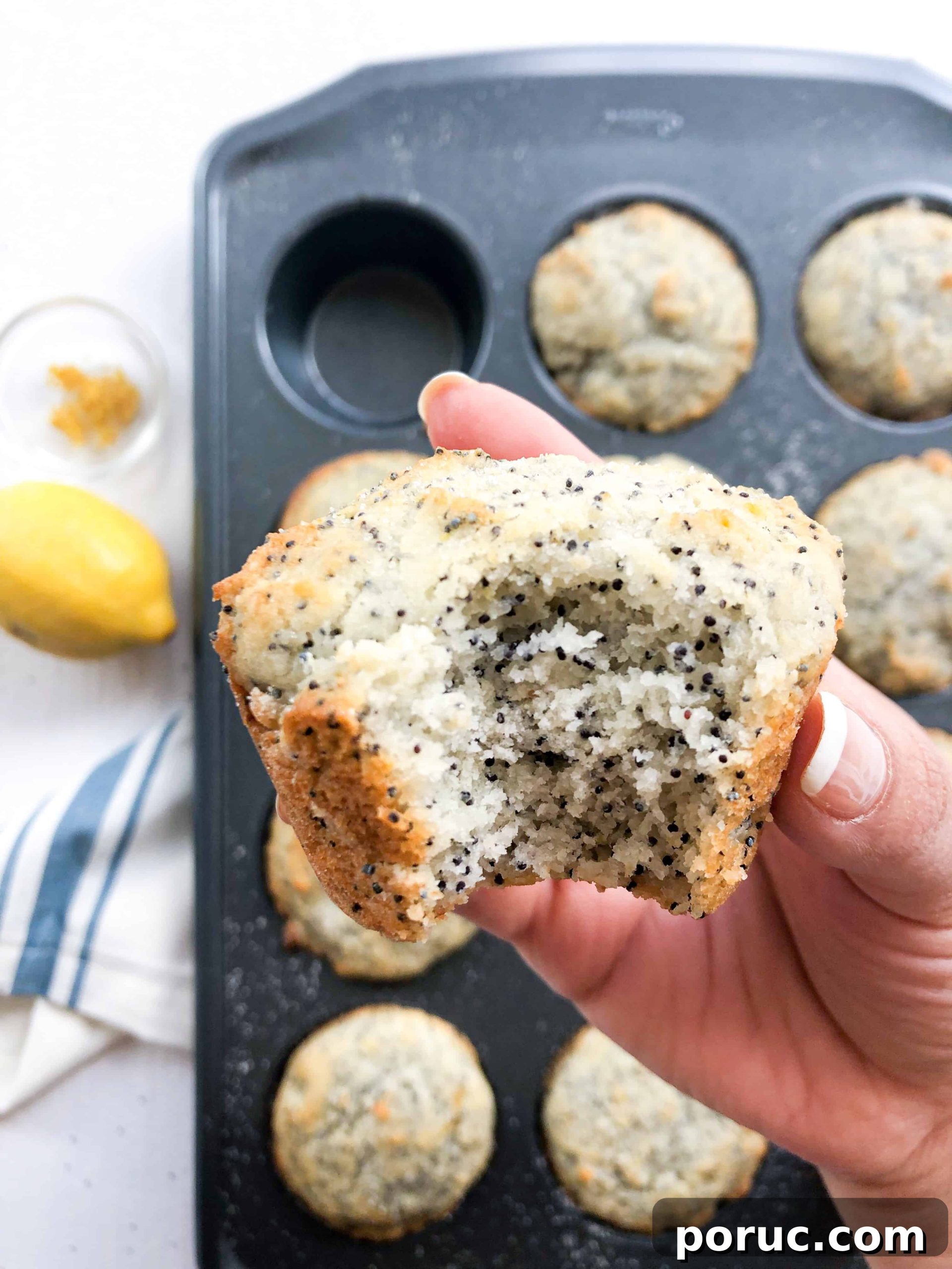 Gluten-Free Poppy Seed Muffins Recipe for Moist, Light Muffins 6 A muffin tin full of poppyseed muffins and a hand holding one with a bite taken