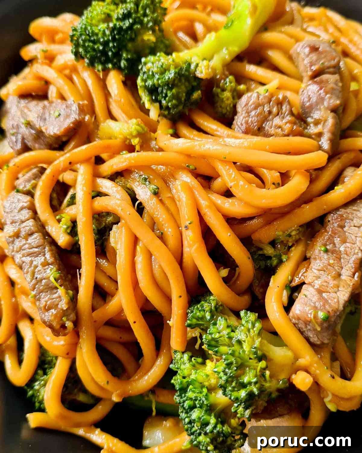 Beef and Broccoli Noodles with Garlic Soy Sauce Recipe 2 Close up of noodles, beef and broccoli