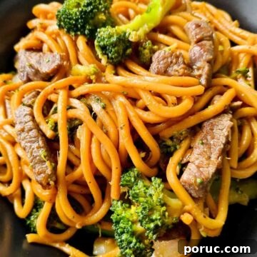 Beef and Broccoli Noodles with Garlic Soy Sauce Recipe 14 Close up of noodle stir fry