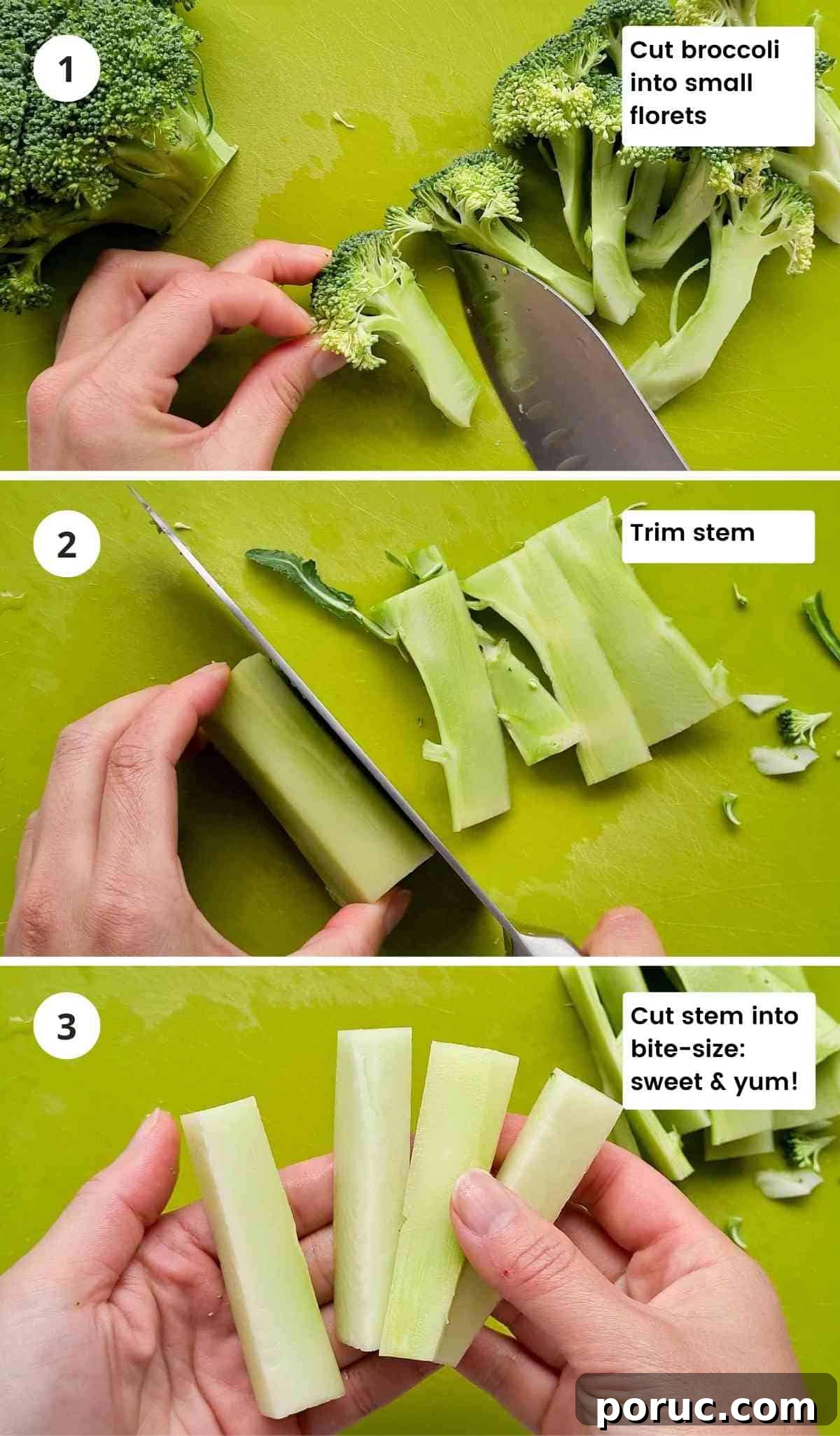 Beef and Broccoli Noodles with Garlic Soy Sauce Recipe 5 3 step collage of cutting broccli, with captions