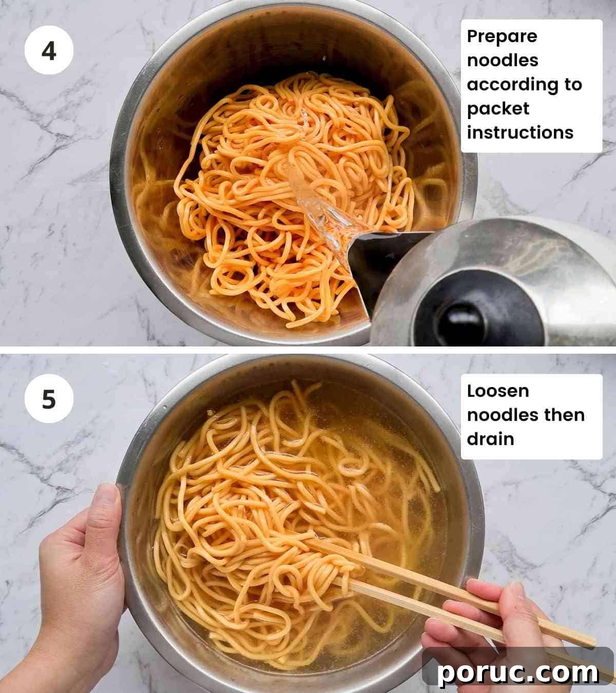 Beef and Broccoli Noodles with Garlic Soy Sauce Recipe 6 2 step collage of preparing noodles