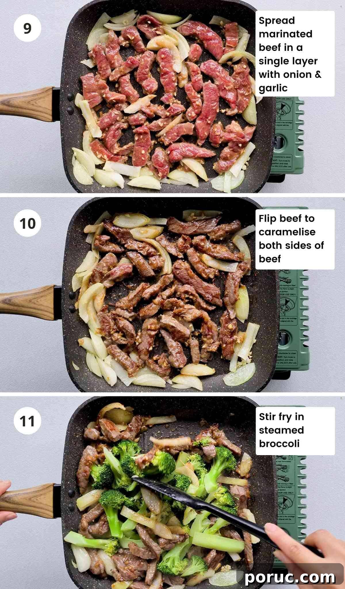 Beef and Broccoli Noodles with Garlic Soy Sauce Recipe 9 3 step collage of cooking beef strips in a large frying pan with captions