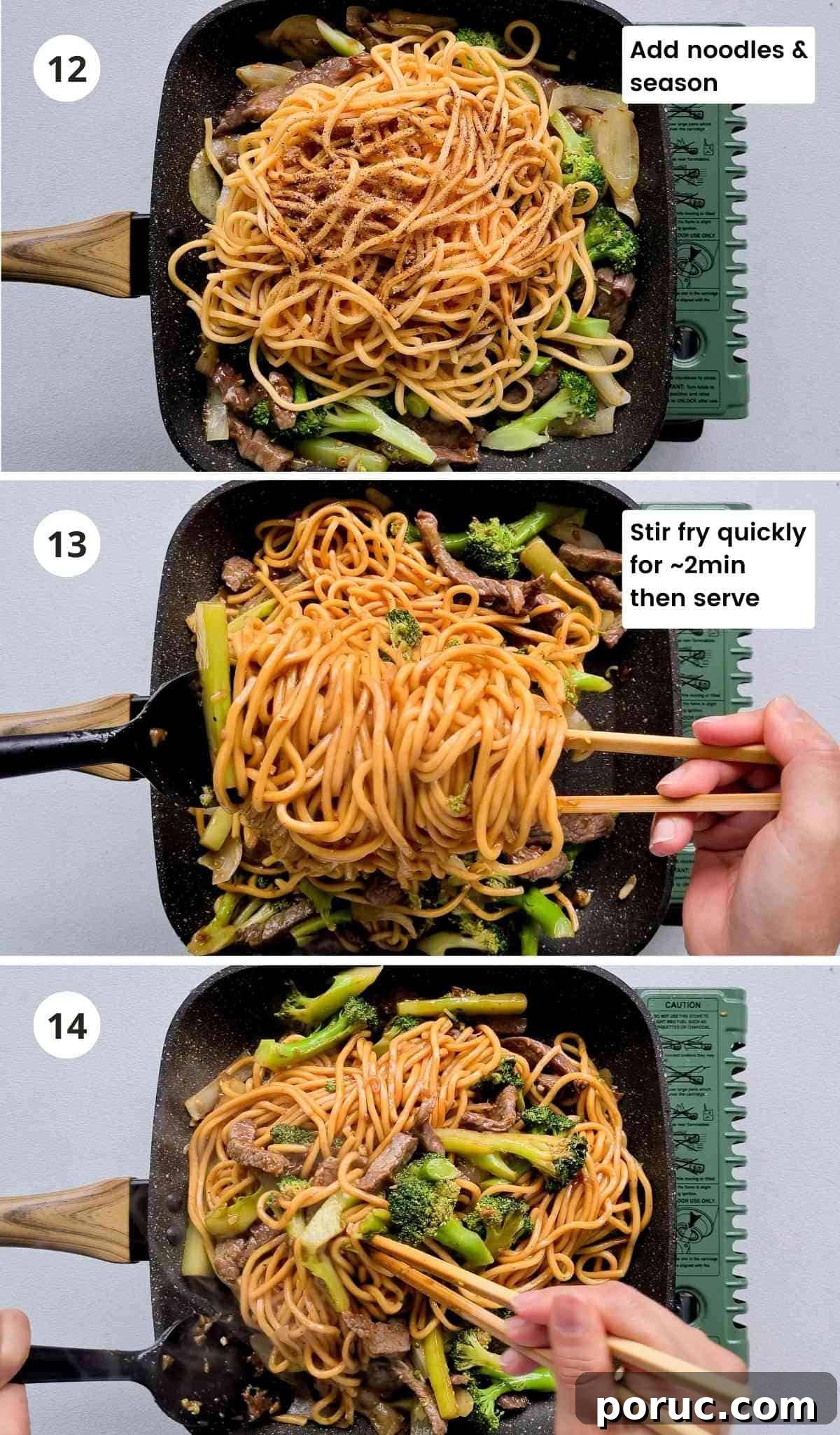 Beef and Broccoli Noodles with Garlic Soy Sauce Recipe 10 3 step collage of tossing ad stir frying noodles with captions