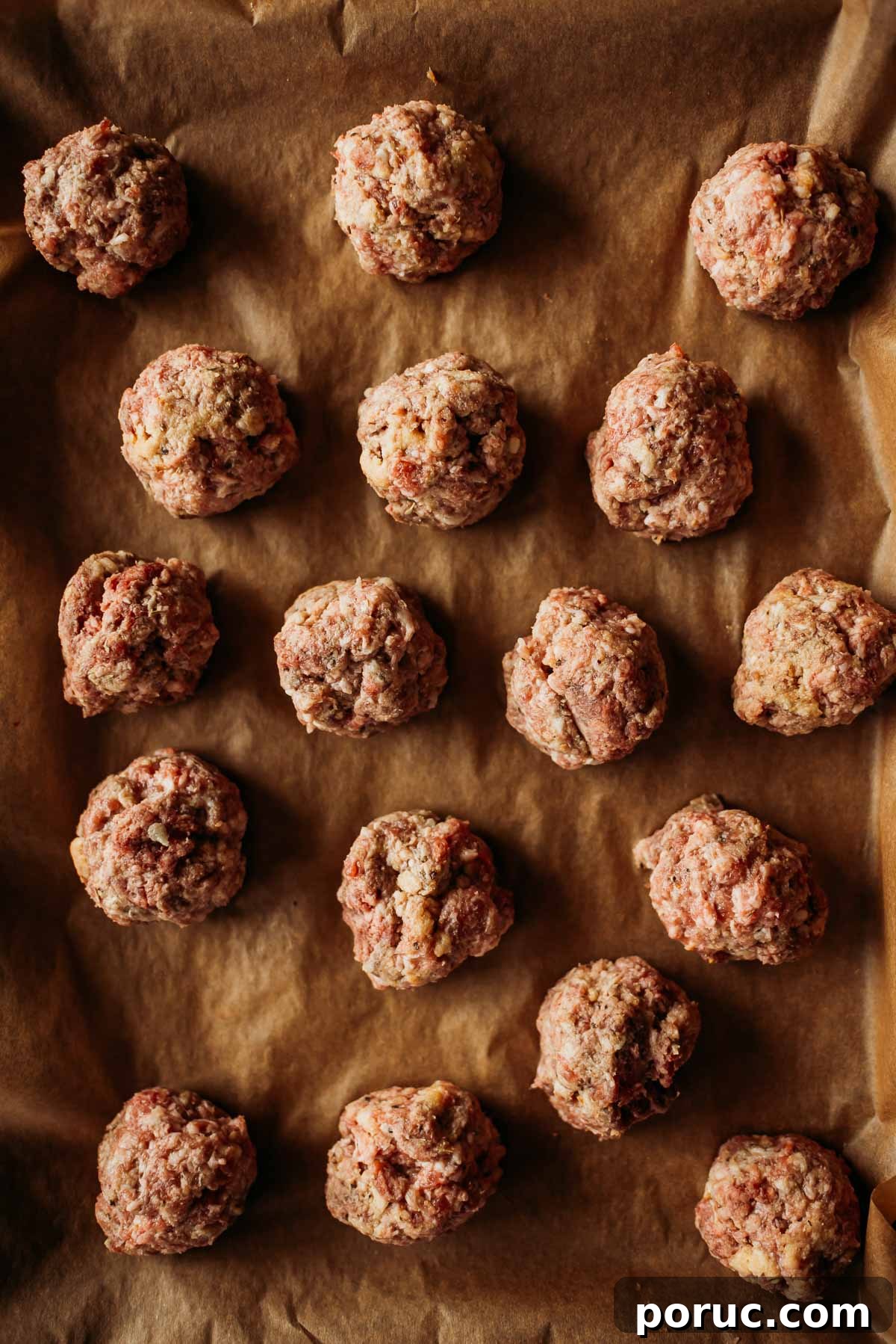 Raw meatballs arranged on a parchment-lined baking sheet.