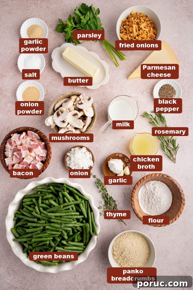 Classic Fresh Green Bean Casserole with Crispy Onion Topping 2 All of the ingredients for green bean casserole in bowls on a countertop.