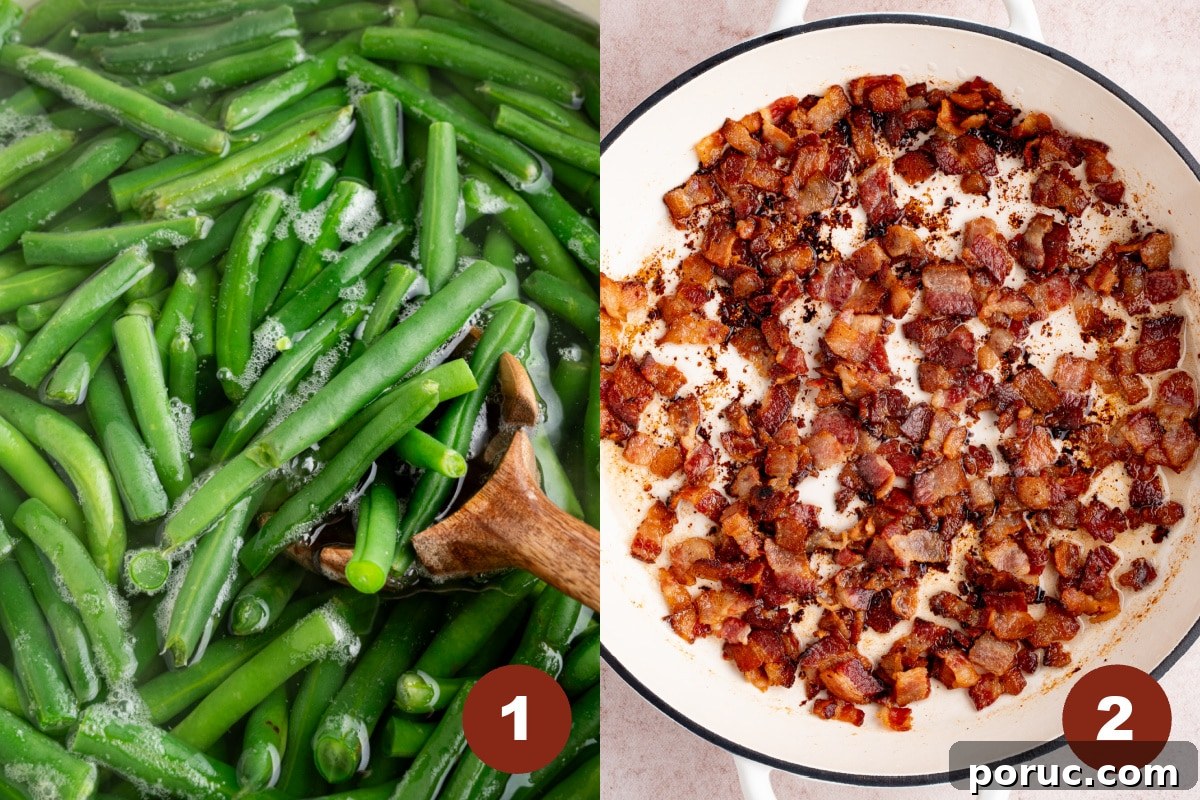 Classic Fresh Green Bean Casserole with Crispy Onion Topping 3 Boiling green beans in a pot and cooking the bacon in another pan.
