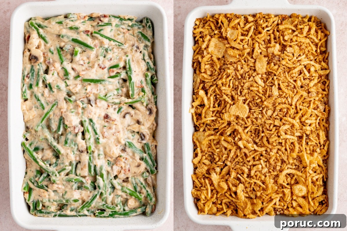 Classic Fresh Green Bean Casserole with Crispy Onion Topping 4 The green bean casserole layered in a dish after coming out of the oven before adding the fried onion topping.