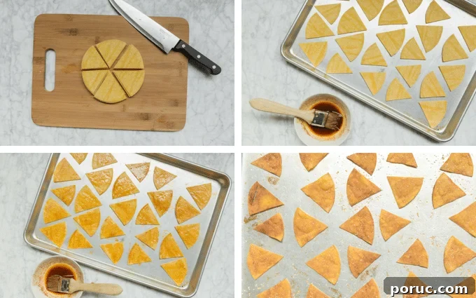 Four images show the process of making Baked Chili Lime Tortilla Chips: cutting tortillas into triangles, arranging them on a baking sheet, brushing with chili lime seasoning, and baked chips on the tray.