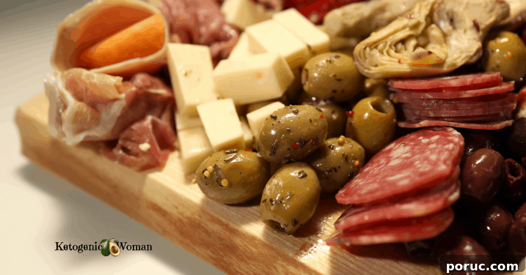 Low-Carb Keto Holiday Recipes for Over-50s: 50+ Festive Ideas 2 meat and cheese laid out on wooden board