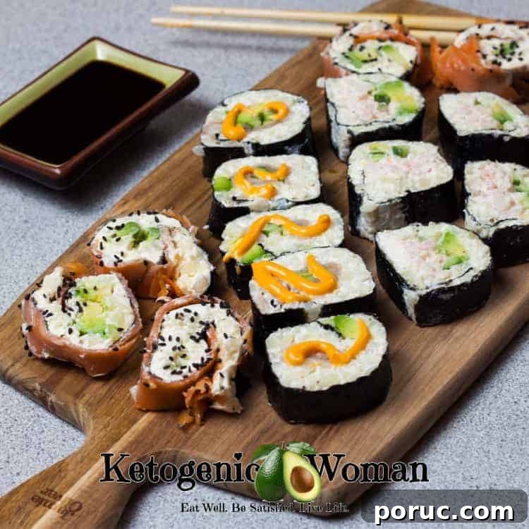 Low-Carb Keto Holiday Recipes for Over-50s: 50+ Festive Ideas 4 Low Carb Sushi Rolls displayed on wooden board