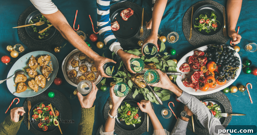 Low-Carb Keto Holiday Recipes for Over-50s: 50+ Festive Ideas 6 friends toasting dinner