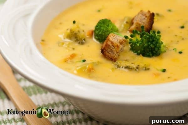 Low-Carb Keto Holiday Recipes for Over-50s: 50+ Festive Ideas 8 Keto Panera Broccoli Cheese Soup in white bowl