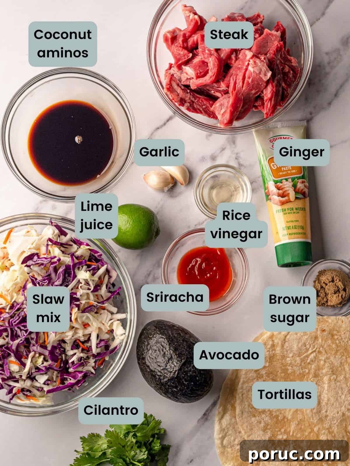 Korean BBQ Beef Tacos with Spicy Gochujang Slaw 3 Ingredients in steak tacos with slaw.