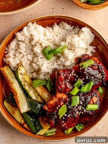 Bowl of rice, zucchini and honey chicken thighs topped with scallions.
