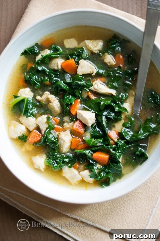 Healthy Chicken Soup Recipe with Tons of Kale in bowl with spoon