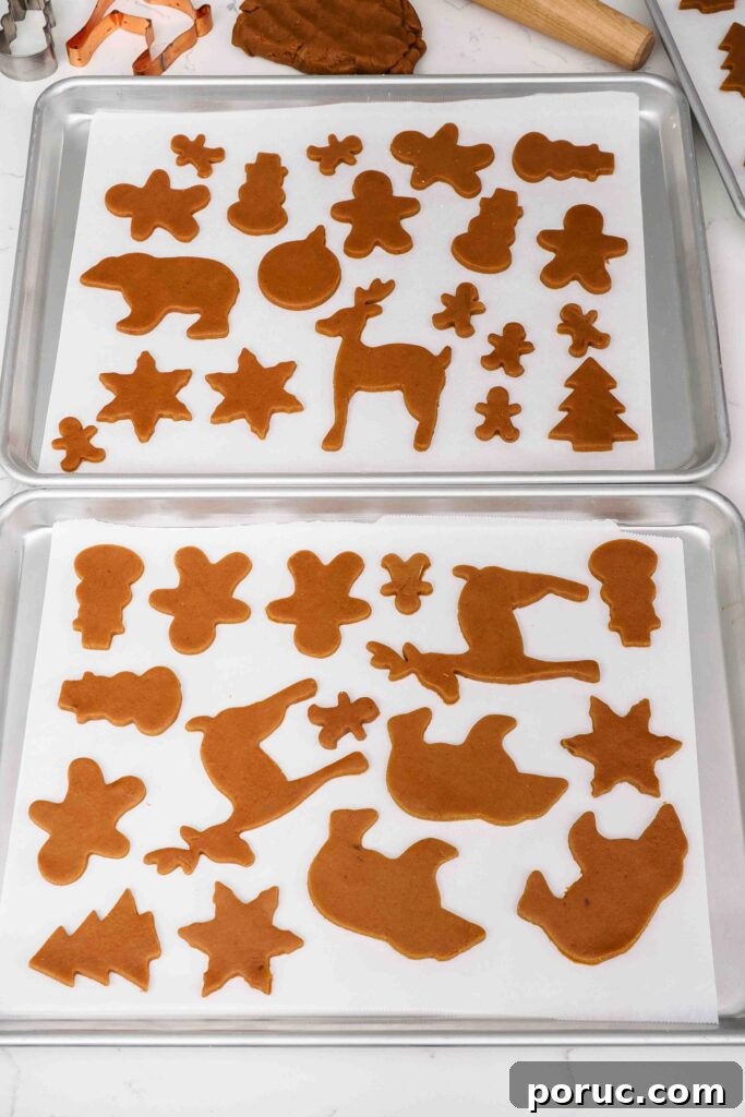 Classic Gingerbread Cookies Recipe for Crisp, Spiced Treats 10 Unbaked gingerbread cookies on two lined baking sheets.