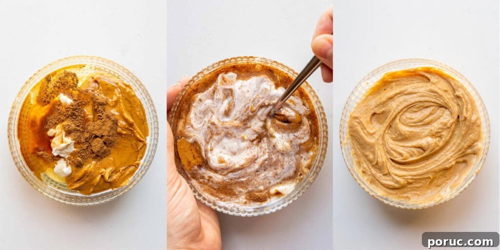 Greek Yogurt Apple Dip Recipe for Sweet & Tangy Snacks 4 collage of a bowl of unmixed brown and white ingredients, then being mixed with a fork, then mixed to a pale brown dip.