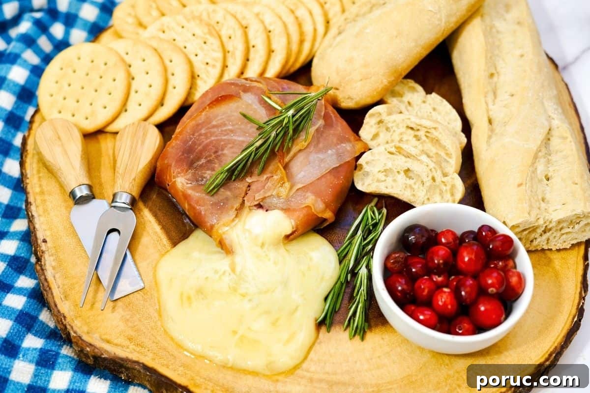 Prosciutto-Wrapped Brie: Baked Appetizer with Honey & Herbs 7 Prosciutto Wrapped Brie on platter with crackers and cranberries.