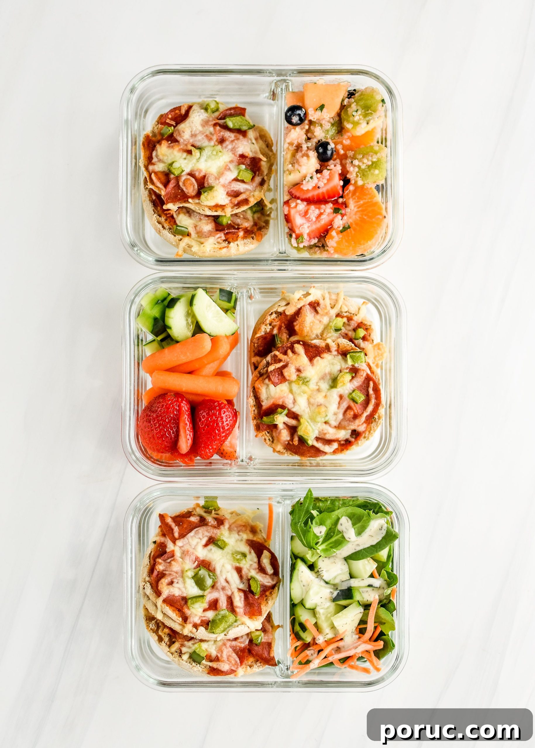 Mini English Muffin Pizzas for Weekly Meal Prep 3 English muffin mini pizzas pictured in meal prep containers with fresh produce or salads.