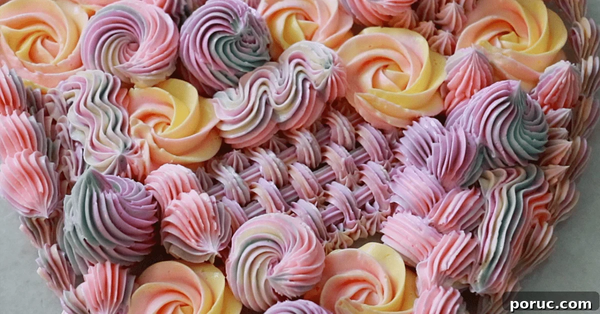 A multi-color buttercream with many kinds of piping techniques