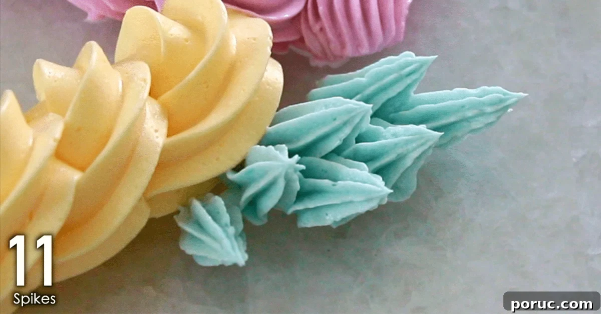 blue buttercream decorations, small spikes