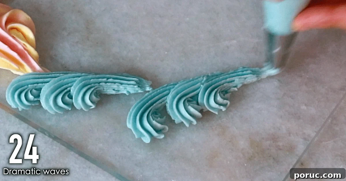 blue buttercream decorations, dynamic wave