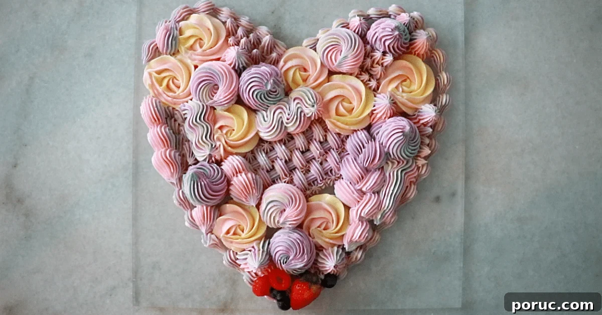 A multi-color buttercream heart with many kinds of piping techniques