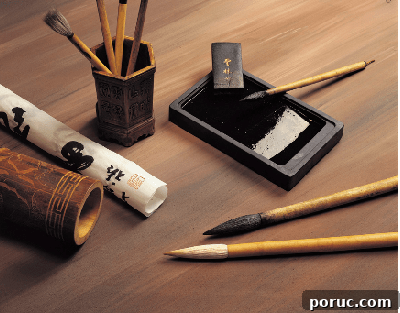 Traditional Chinese calligraphy ink set with brushes and ink stone for art and writing.