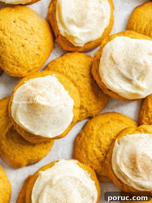 Plain and cream cheese frosted pumpkin cinnamon cookies randomly placed on a white background.