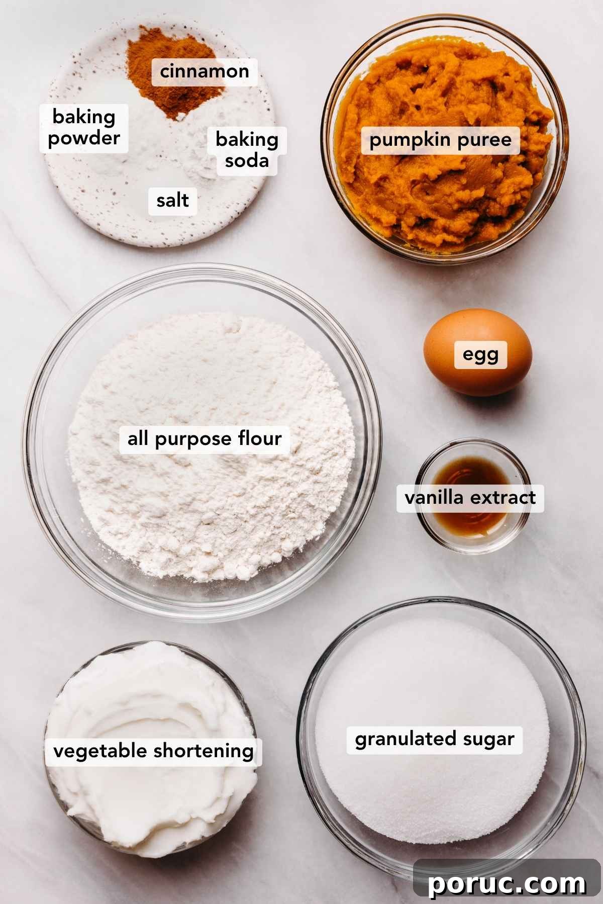 Ingredients in various size bowls labeled as salt, baking powder, baking soda, cinnamon, pumpkin puree, all purpose flour, egg, vegetable shortening, and granulated sugar on a white marbled background.