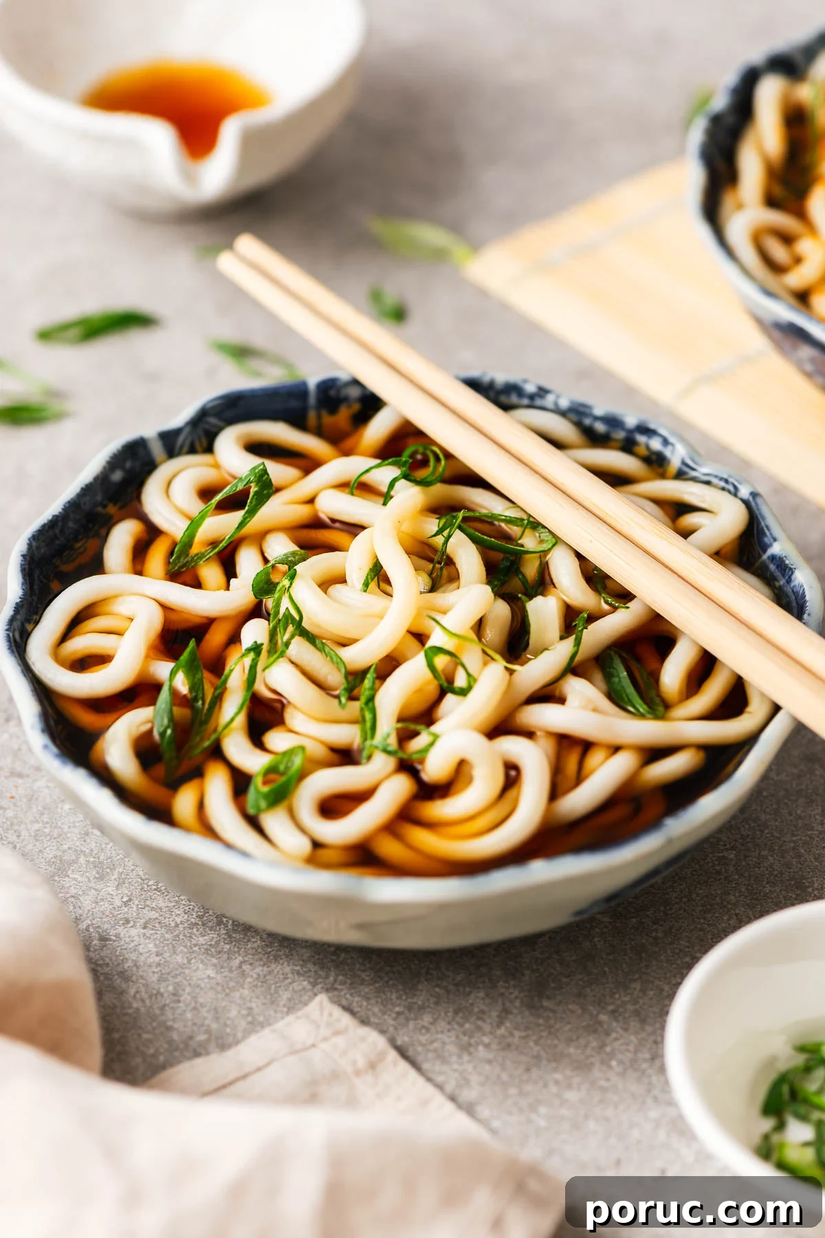 Kake Udon: Classic Japanese Broth Noodle Soup Recipe 2 A bowl with kake udon (simple Japanese udon noodle soup) and a pair of chopsticks.