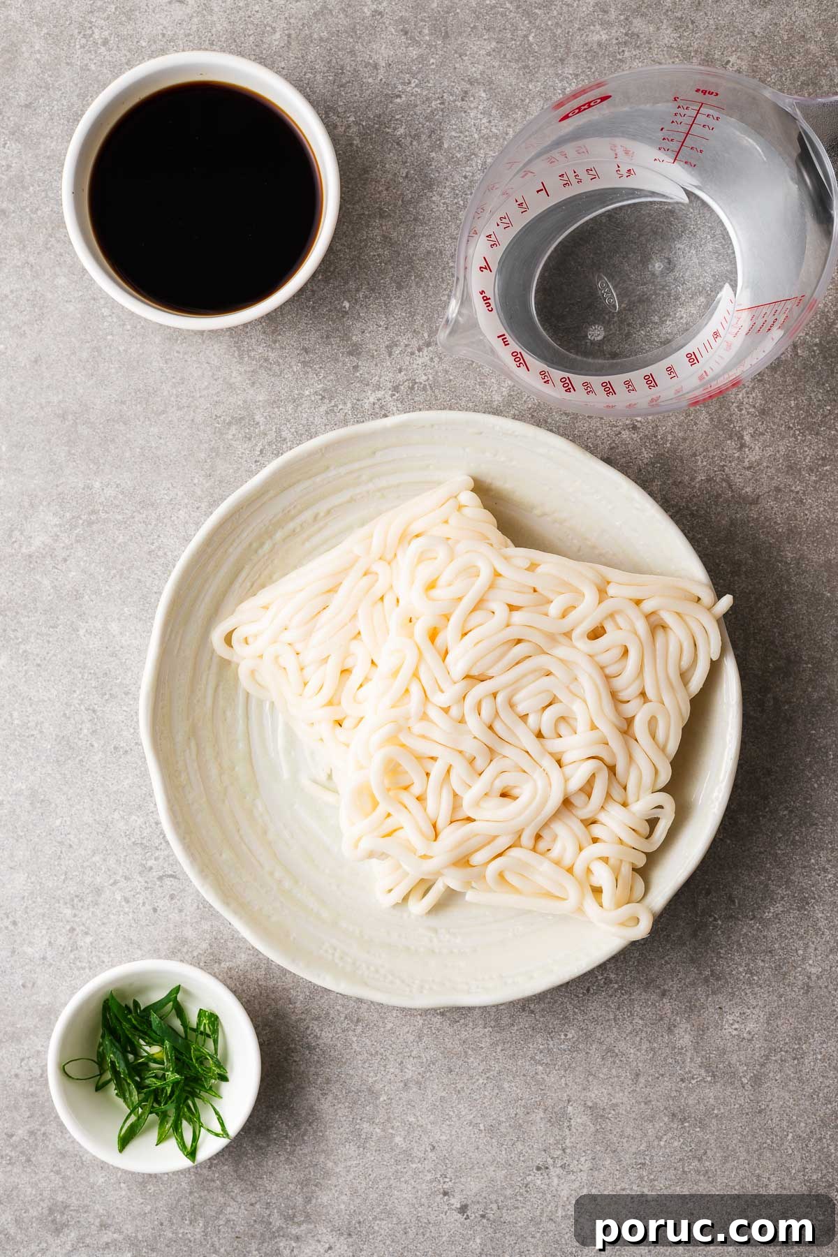 Kake Udon: Classic Japanese Broth Noodle Soup Recipe 4 Ingredients for kake udon including mentsuyu concentrate, udon noodles, sliced green onions and water.