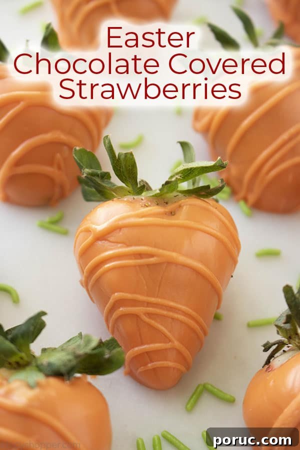 Text on image of Carrot Easter Chocolate Covered Strawberries